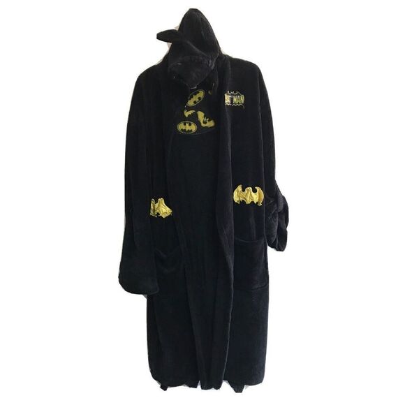 DC Comics Adult One Size Superhero Plush Fleece Mask Hooded Robe Logo Black Tie - Picture 1 of 16